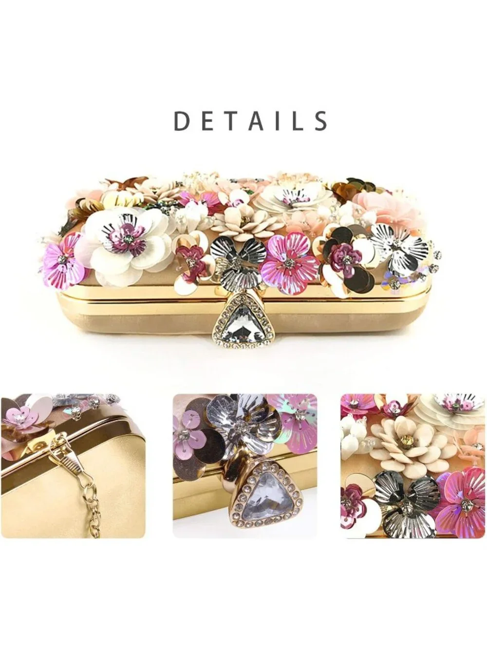 Women's Gold Clutches Flower Evening Handbag Chain Strap Elegant Shoulder Bag